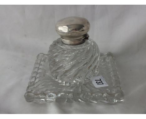 Large circular inkwell with swirl fluted sides, standing  on a square base, 3.5" dia. Lon 1890 by FBM. Struck  with purser‘s 