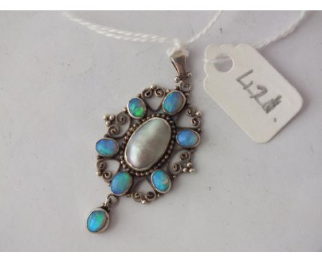 Attractive opal and pearl blister and pendant set in    silver         