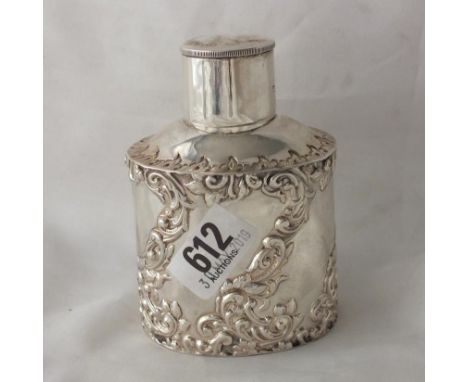 Victorian tea caddy of oval section with embossed sides,  4" high B'ham 1899 by HM 105g.     