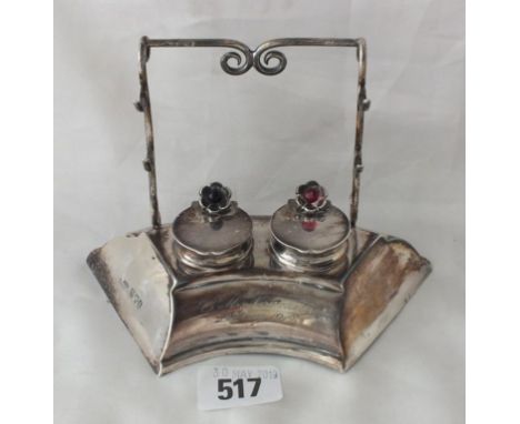 Unusual ladies double inkwell with super structure  back with flower head motif over curved base, 5.5"  wide Lon 1904 by G &a