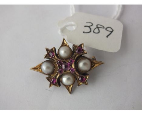 Gold pearl and pink stone star brooch    