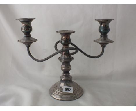 Three light candelabrum with beaded edges, 11.5" over  branches Shef mod. by ENP      