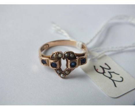 An attractive 9ct heart set pearl and  sapphire ring approx size  K      