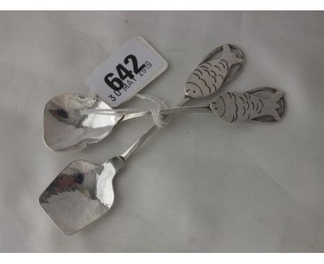 Unusual Arts and Crafts two caddy spoons, each with fish  motif terminal and marked with silver, makers mark PW,  4.5" long 2