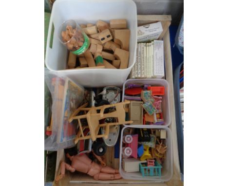 A crate of vintage toys including Beatrix Potter books, wooden blocks, dolls furniture etc 