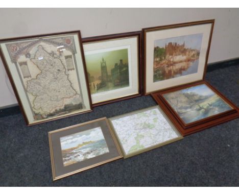 An Ivan Lindsay signed print 'Reflections of Bamburgh', framed, together with six other framed prints, jigsaws and maps 