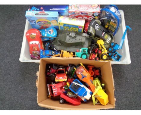 Two boxes of a large quantity of toys to include Disney Cars, Bob the Builder, board games, Thomas the Tank Engine, die cast 