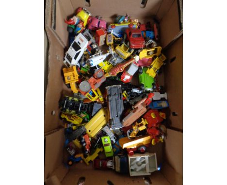 A crate of mid century and later play worn die cast cars, Corgi, Dinky steam roller, Star Wars etc 