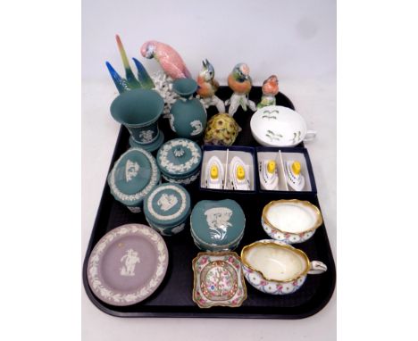 A tray of ceramics, Wedgwood Jasperware, bird figures, Crescent china milk jug and sugar basin, Coalport dish etc 