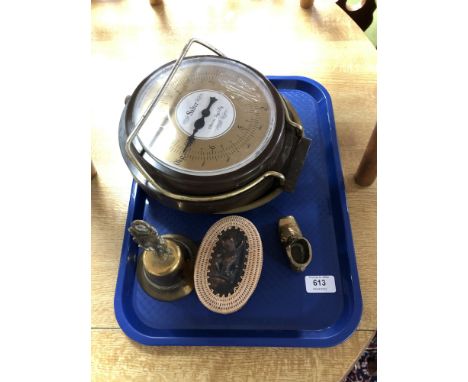 A tray containing Salter scale, brass bell and boot ornament, trinket box 