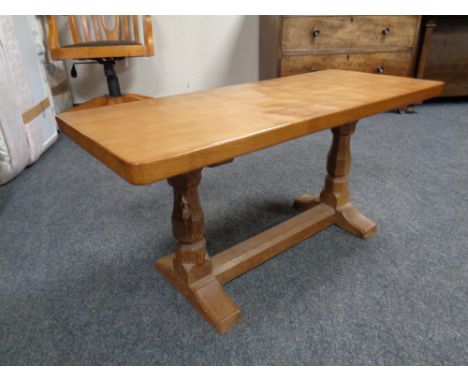 A Robert 'Mouseman' Thompson of Kilburn adzed oak 3ft coffee table, with carved mouse signature, 91cm x 38 cm x 44.5cm. 