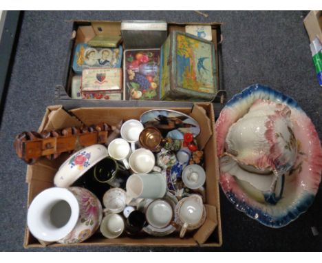 Two boxes of ceramics, copper lustre cups, Pool bowl, tankards, vintage tins, 19th century wash jug and basin