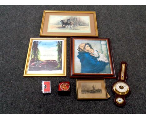 A box containing pictures and prints, wall barometer, folding binoculars, part of a wooden crossbow etc  