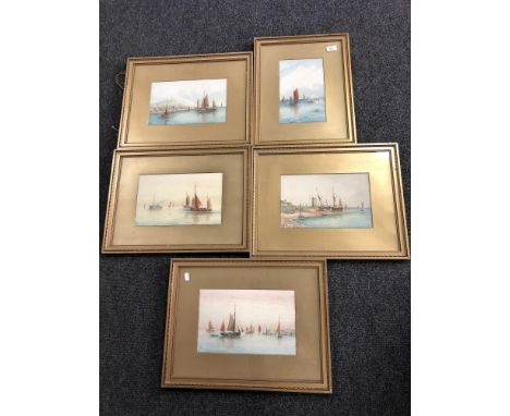 R Allam : Five watercolour drawings depicting boats in calm waters  