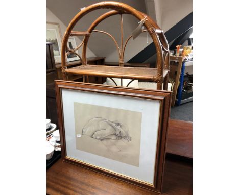 A Val Hove pencil study of a sleeping woman, together with a bamboo and wicker three tier dome topped shelf 