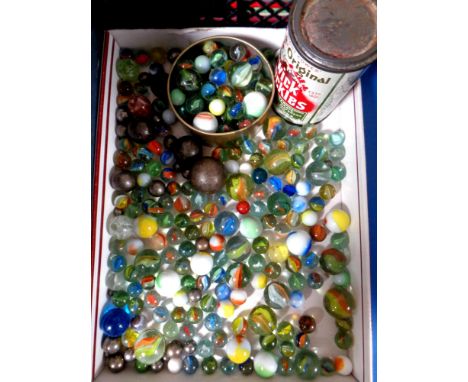 A box of vintage marbles, Berwick cockles tin
