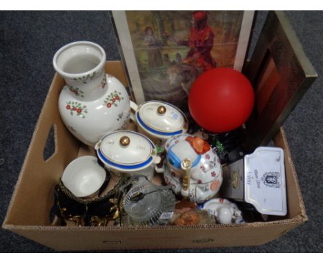 A box of assorted ceramics, oriental style figures and vase, Ringtons caddy and teapot, contemporary table lamp etc 