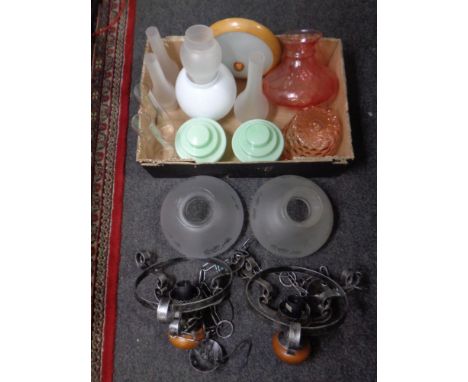 A pair of iron and wood pendant light fittings with etched glass shades together with a further box of assorted antique and l