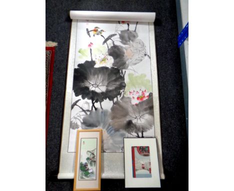 A Chinese watercolour scroll depicting birds amongst flowers, together with a framed print after Asakusa Kinryuzan '100 Famou