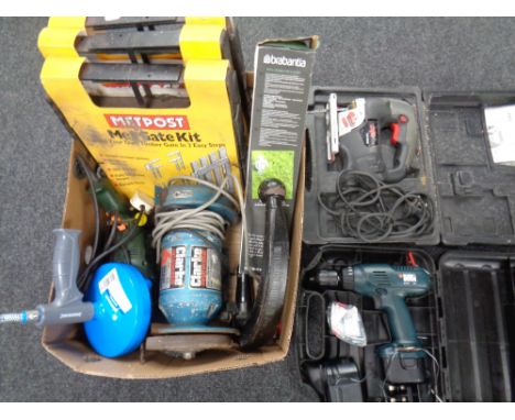 A box of Clarke angle grinder, tow bar hitch, Metpost gate kits, together with a cased Black &amp; Decker drill and a cased S