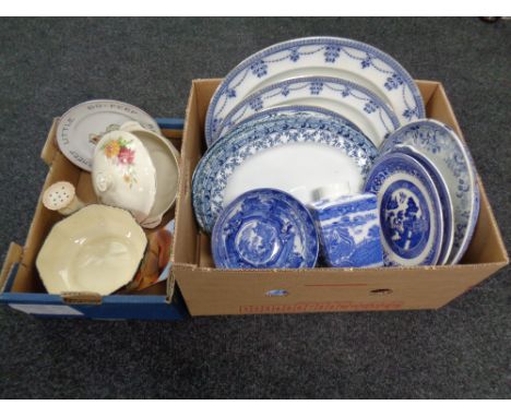 Two boxes of a large quantity of assorted ceramics to include 19th century and later blue and white meat plates, dinner plate