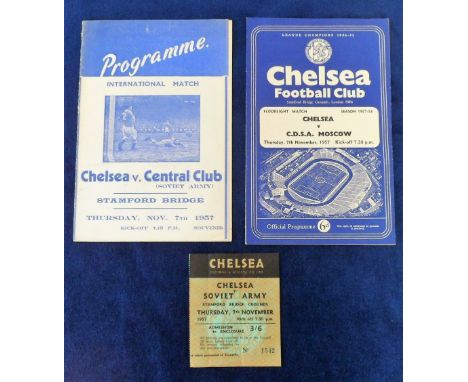 Football programmes &amp; ticket, Chelsea v C.D.S.A., Moscow (Soviet Army), 7 November 1957 official &amp; pirate programmes 