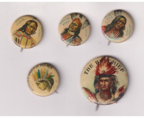 Trade issue, USA, Celluloid buttons, American Pepsin Gum,  Indian Chiefs, 4 buttons, Black Eye, Rushing Bear, Red Cloud, also