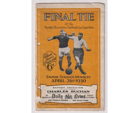 Football programme, FA Cup Final 1930, Arsenal v Huddersfield (punched holes, staples removed, some edge tears, fair) (1)