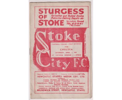 Football programme, Stoke City v Chelsea, 3 April, 1948, Division 1 (score &amp; scorers noted on line-up page o/w good) (1) 