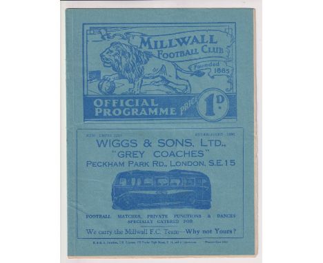 Football programme, Millwall v West Ham November 1939, Football League Regional Tournament South A (gd) (1)