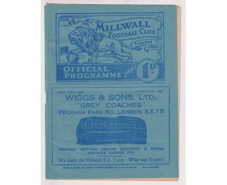 Football programme, Millwall v Brentford, 23 March 1940, Football League Subsidiary Competition South C (slight creasing, gd)