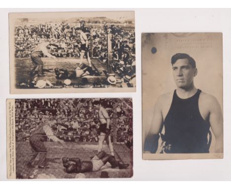 Postcards, Boxing, 3 cards, Jack Johnson v Jesse Willard, two cards showing the same image of Jack Johnson taking the count f