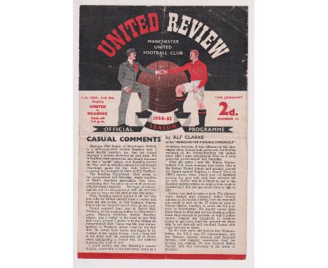 Football programme, Manchester United v Reading 12 January 1955, FA Cup replay, 4 pages (sl creasing) (1)