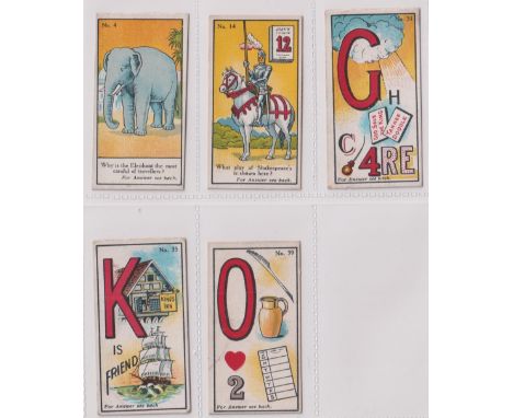 Cigarette cards, John Sinclair, Picture Puzzles &amp; Riddles Series, 5 cards, nos 4, 14, 31, 35 &amp; 39 (gen gd) 