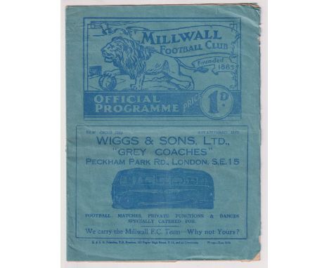 Football programme, Millwall v Chelsea, 16 March 1940, Football League Subsidiary Competition South C (slight creasing, gd) (