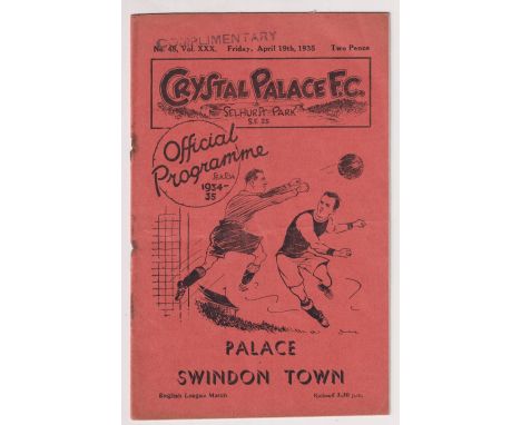 Football programme, Crystal Palace v Swinton Town, 19 April 1935, Division 3 (South) (rs, o/w gd) (1)