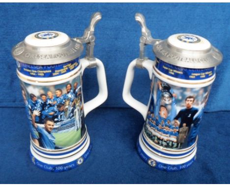 Football memorabilia, Chelsea FC, a fine pair of porcelain stein tankards, celebrating 100 years of Chelsea FC, produced by t