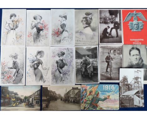 Postcards, a selection of 16 cards inc. Scotch Fisher Girls Yarmouth, P. Guy Glamour girls with flowers (set of six), London 