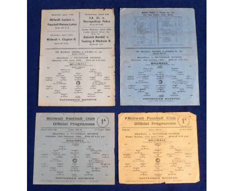 Football programmes, Millwall v Tottenham, 4 single sheet wartime programmes, 16 January 1943 (sl cr, tc), 10 April 1943 (gd)