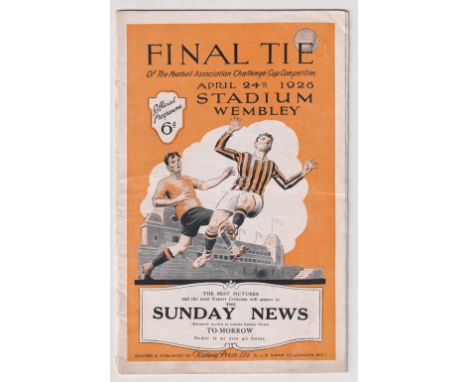 Football programme, FA Cup Final 1926, Bolton Wanderers v Manchester City (staples removed, slight paper loss &amp; tear to l