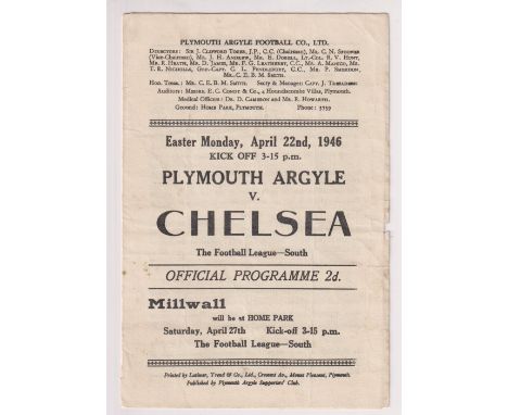 Football programme, Plymouth Argyle v Chelsea, 22 April 1946, Football League South (slight crease, no writing, good) (1)