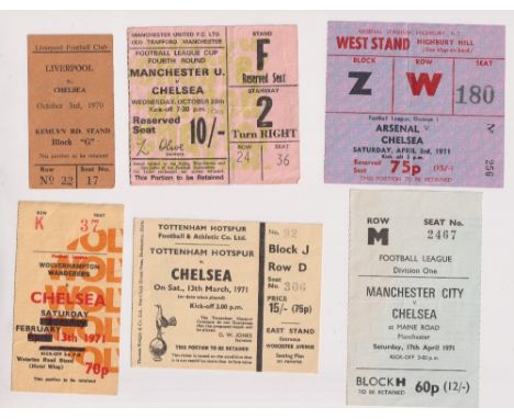 Football tickets, Chelsea FC away tickets, 1970/71, six tickets for games v Liverpool 3 Oct 70, Manchester United 28 Oct 70 L