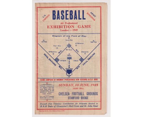 Baseball programme, at Stamford Bridge, Chelsea, Exhibition Game, US Army v United Kingdom, 10 June 1945, 4 page issue (sl cr