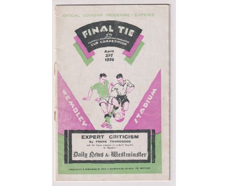 Football programme, FA Cup Final 1928, Blackburn Rovers v Huddersfield Town (staples removed, slight creasing, good) (1)