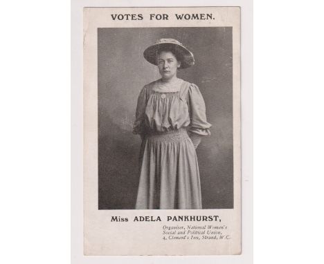 Postcard, Suffragettes, Miss Adela Pankhurst, b/w, Votes for Women by NWSPU, sent to Mrs Dobson of Hucknall by R A Hardy of K
