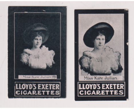 Cigarette cards, H.C. Lloyd &amp; Son Ltd, Actresses &amp; Boer War Celebrities, two cards, Actress. Miss Kate Julian, black 