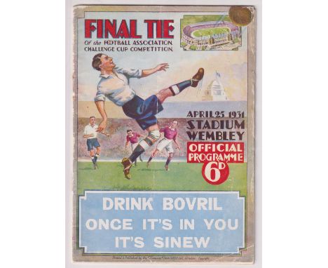 Football programme, FA Cup Final, 1931, Birmingham v West Bromwich Albion (slight creasing, staple removed, 1 neat tc, good) 