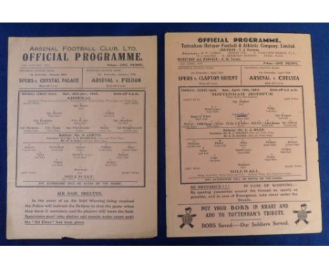 Football programmes, 2 single sheet programmes, Arsenal v Millwall 13 Jan 1945 &amp; Tottenham v Millwall 14 Apr 1945 both FL