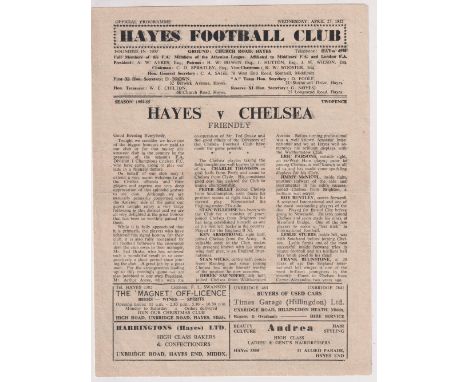 Football programme, Hayes v Chelsea, 27 April 1955, Friendly, Championship winning season, 4 pages (very slight repair, good)