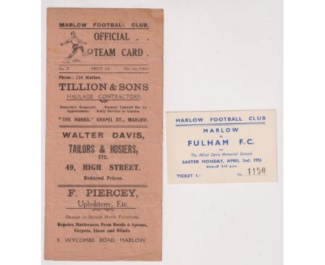 Football programme &amp; ticket, Marlow v Chesham United, 1st October 1921, FA Amateur Cup, gatefold issue (sl cr), sold with